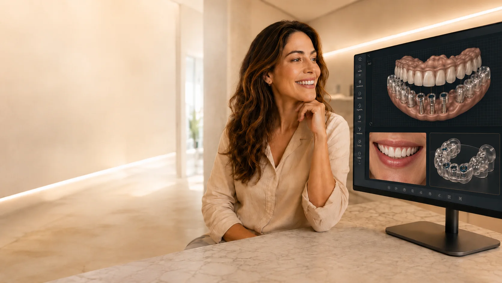 Imagem ilustrativa de uma mulher sorrindo ao lado de um computador com planejamento odontológico digital em 3D.