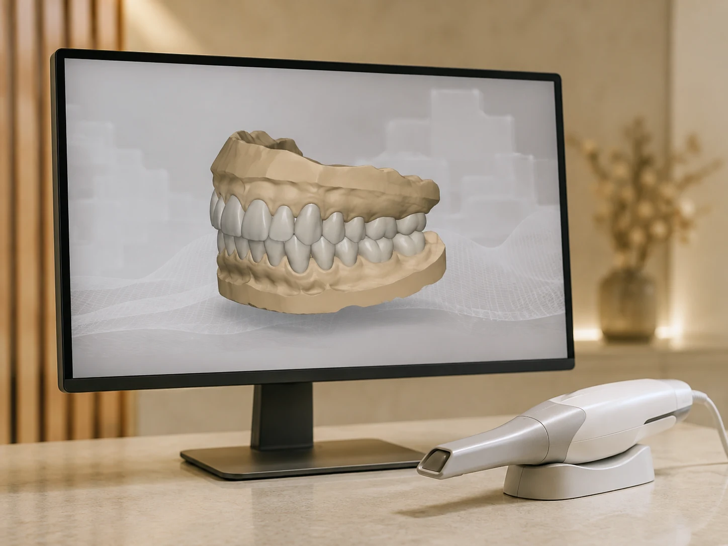 Monitor exibindo modelo tridimensional de arcada dentária, com escâner intraoral apoiado na base ao lado.