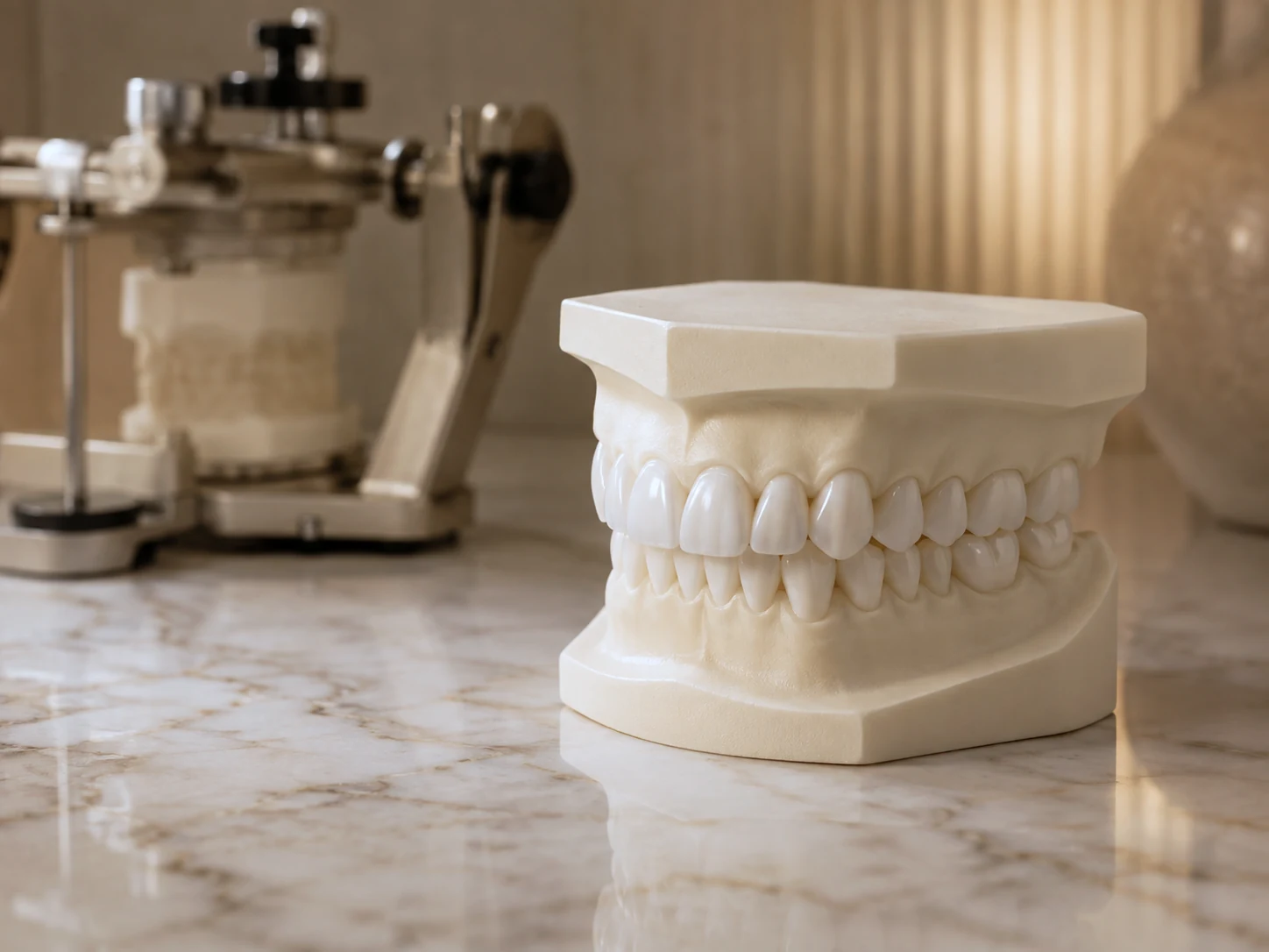 Modelo de arcada completa em articulador odontológico, sobre bancada de mármore.