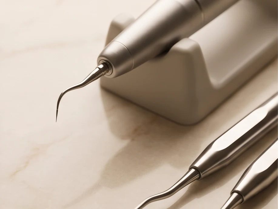 Caneta de ultrassom odontológico em seu suporte, com curetas periodontais ao lado.